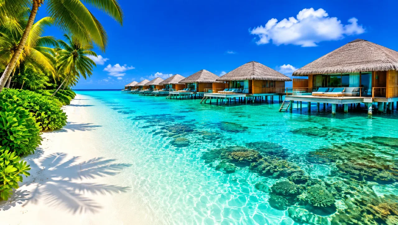 Laguna turchese e bungalow sull'acqua alle Maldive